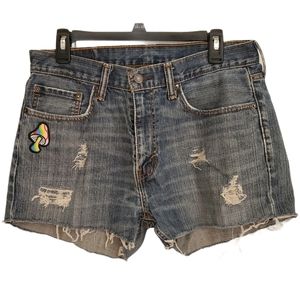 Upcycled Levi Distressed Mushroom Patch Shorts